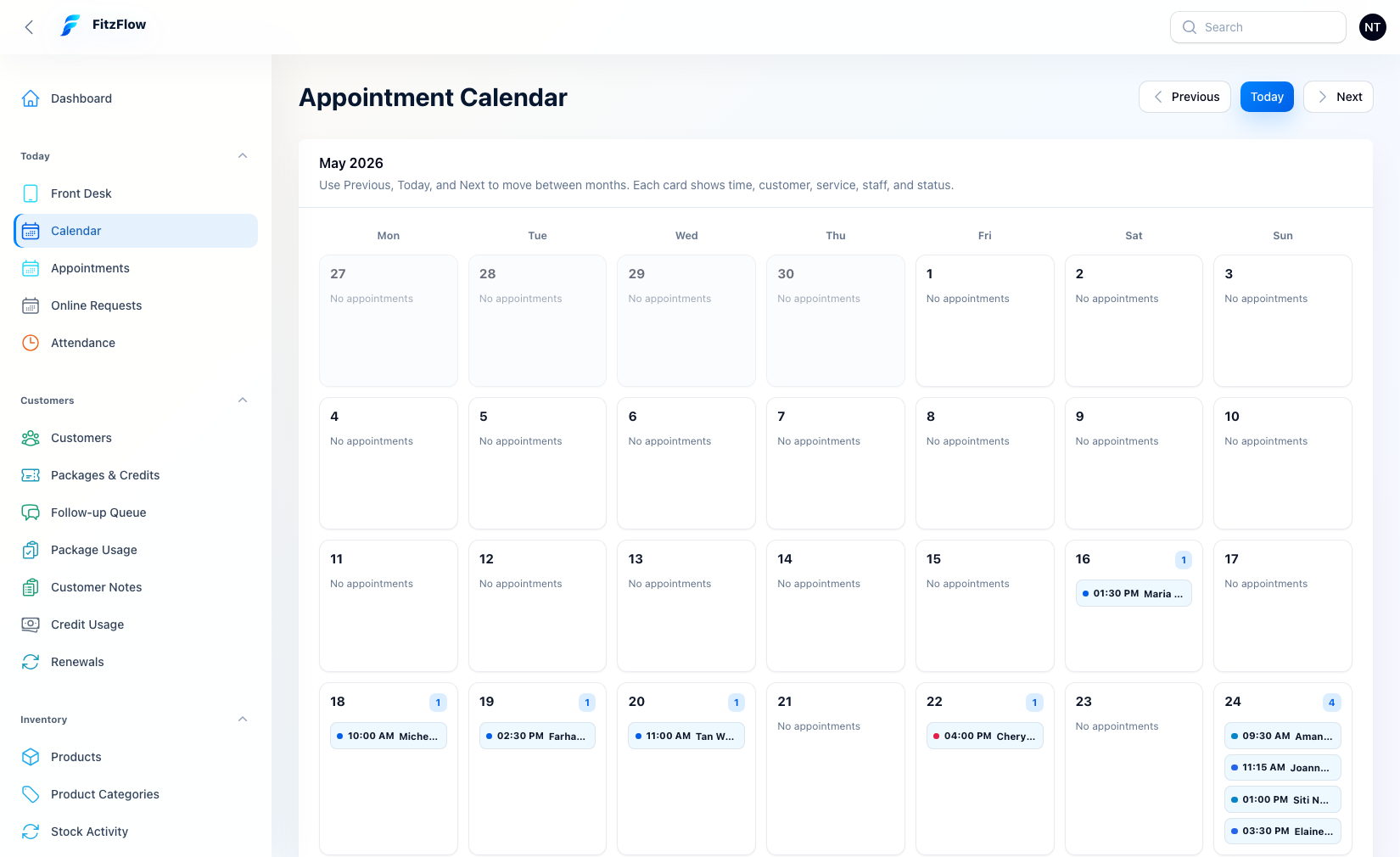 FitzFlow appointment calendar screenshot