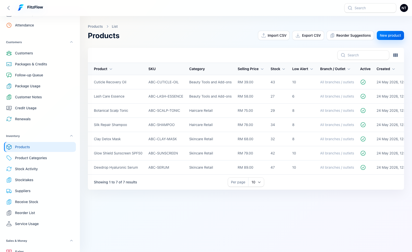 FitzFlow product inventory screenshot