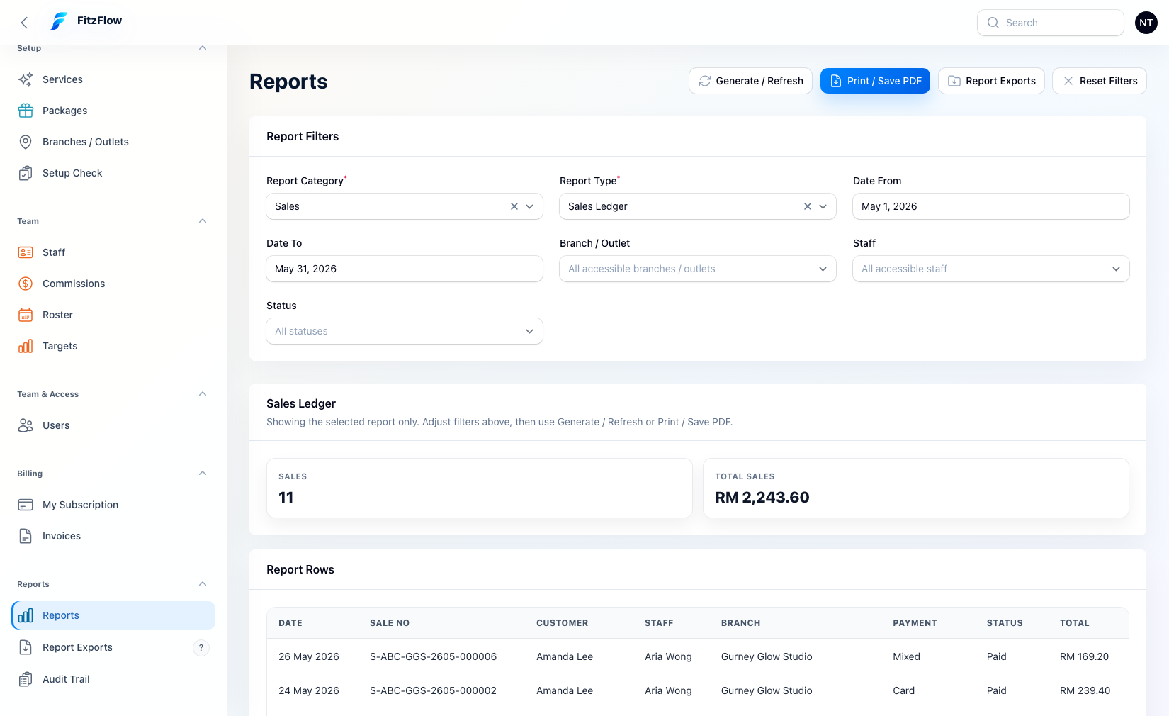 FitzFlow reports workspace screenshot