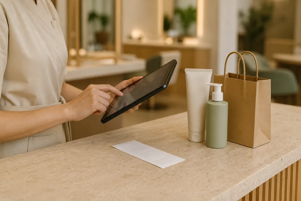 Salon checkout with a tablet, receipt and haircare products ready for a customer