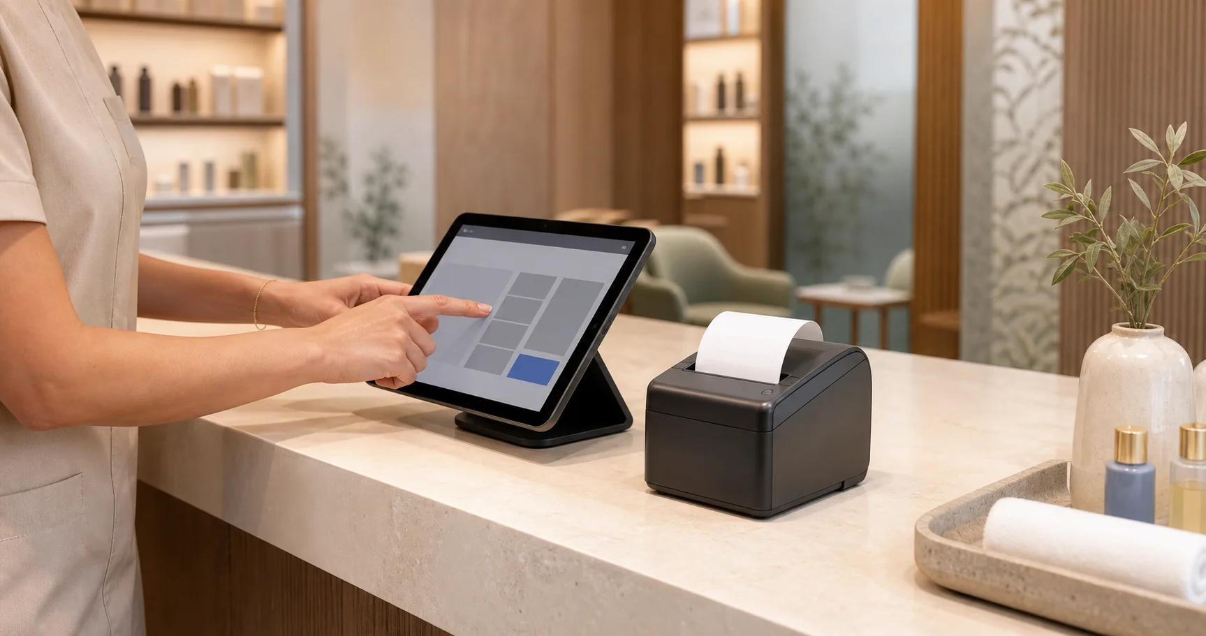 Salon counter using a tablet POS with a Bluetooth thermal receipt printer